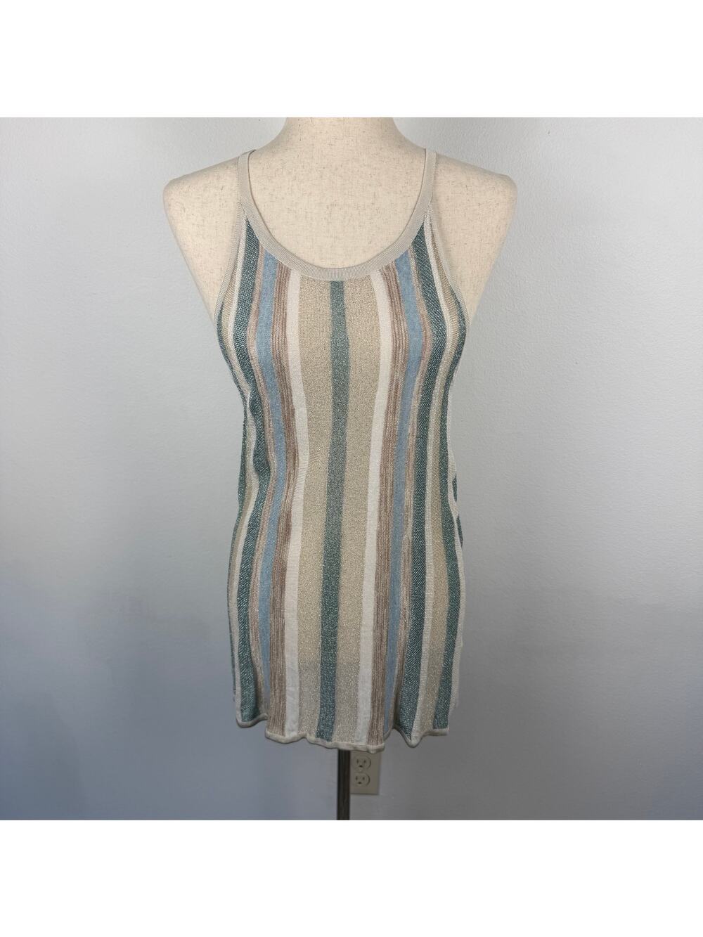 White House Black Market Cream Green Stripped Metallic Knit Tank Women's Medium